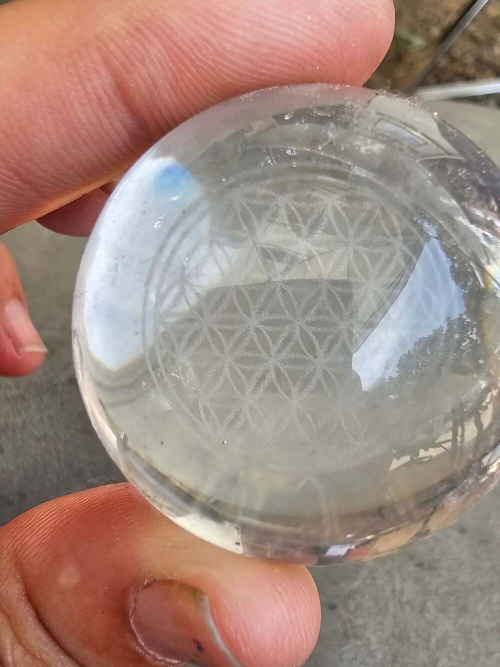 Clear Glass Sphere Crystal Ball with Flower of Life Sacred Geometry Etching